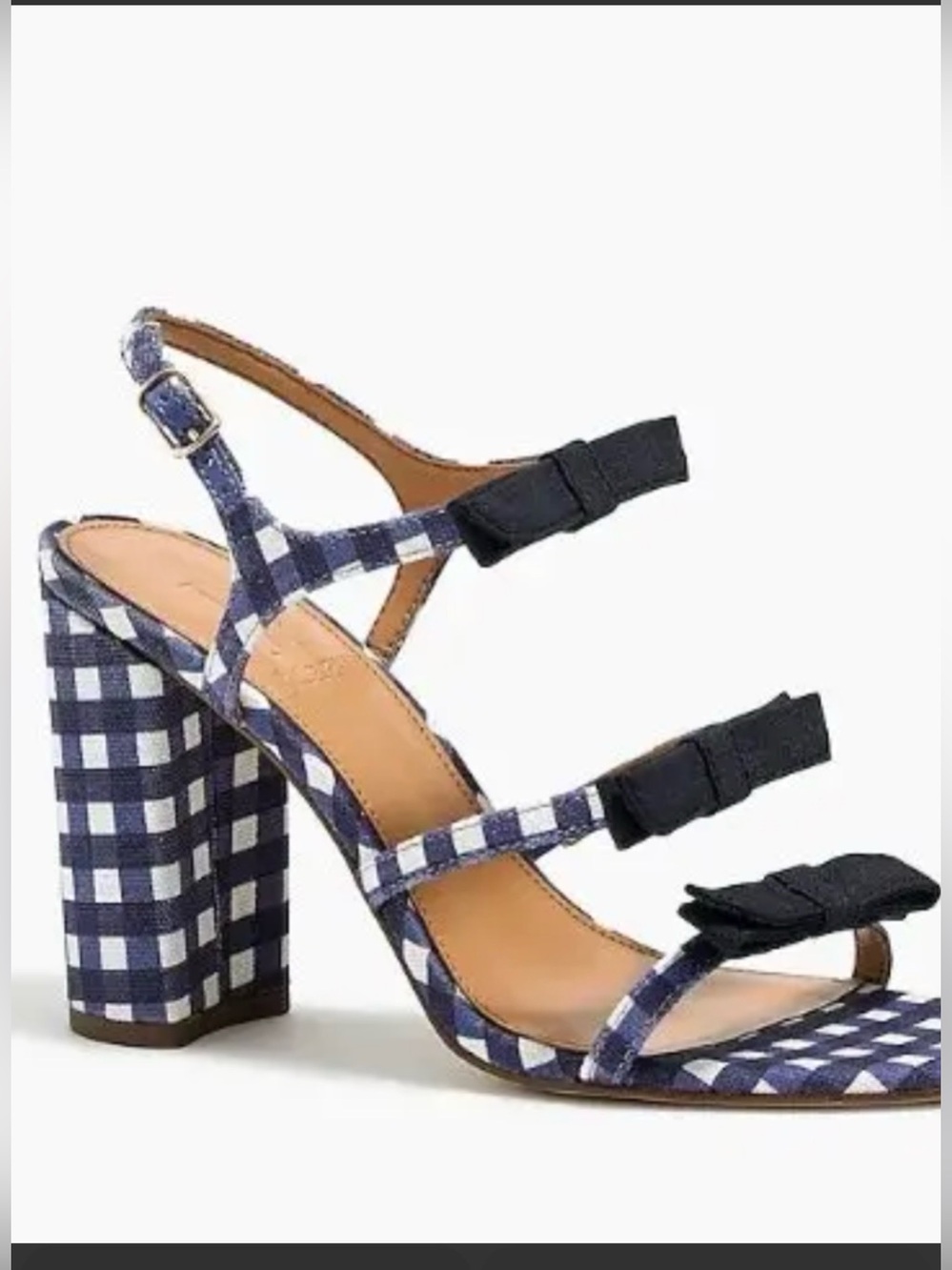 Crew Gingham Bow Heeled Sandals Size 7 Navy White Block Heel Ankle Strap